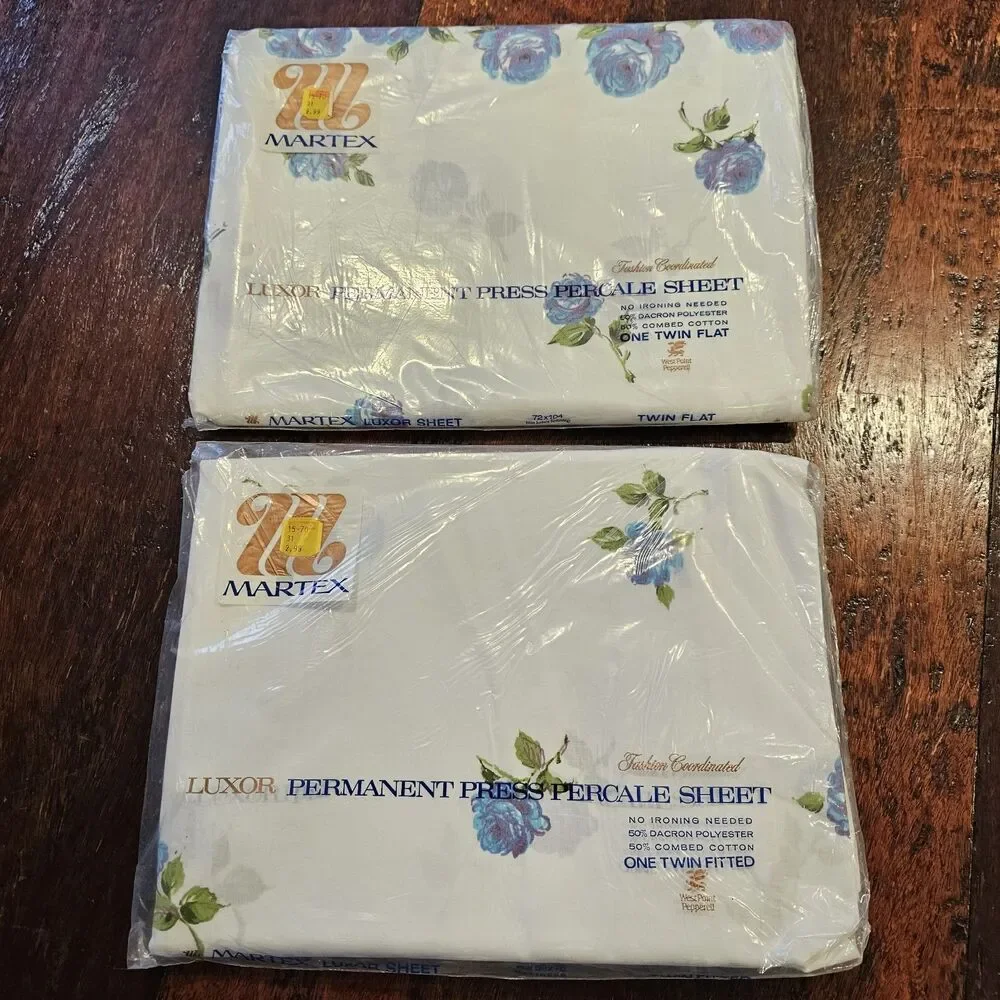 MARTEX Luxor blue rose vintage twin flat fitted sheet set floral percale NOS